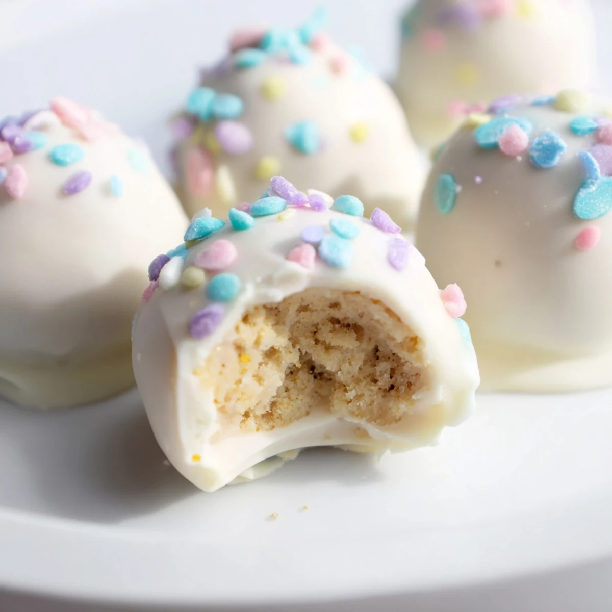 Creamy banana pudding Easter truffles coated in white chocolate with colorful sprinkles on a serving plate