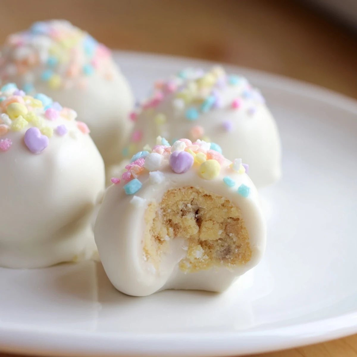 Golden vanilla wafer balls dipped in smooth white chocolate topped with pastel Easter sprinkles