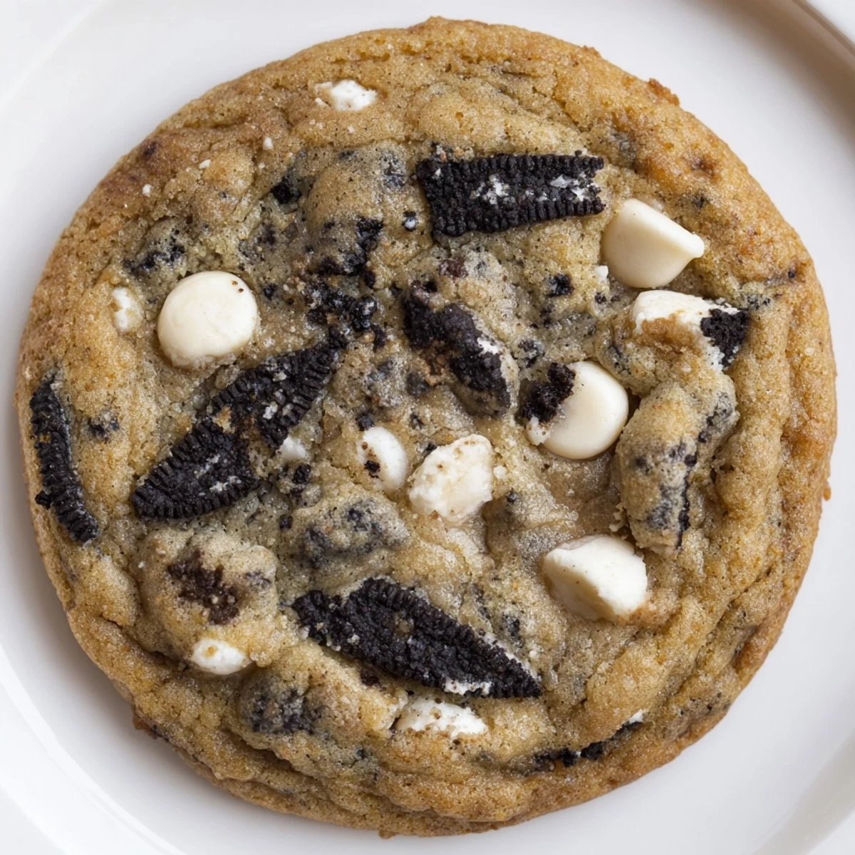 Soft chewy cookies and cream cookie with white chocolate chips on rustic baking sheet