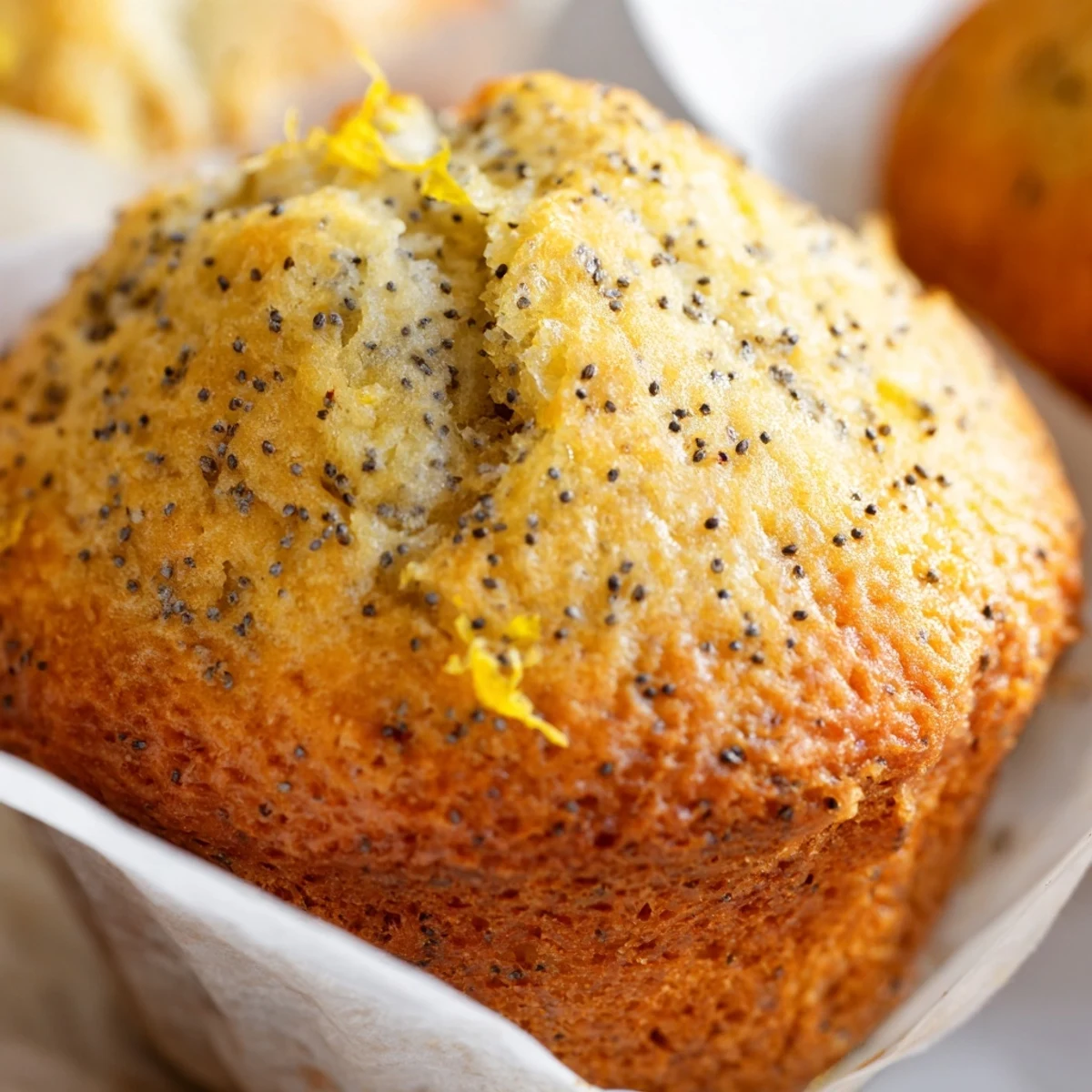 Golden lemon poppy seed muffins with domed tops fresh from the oven