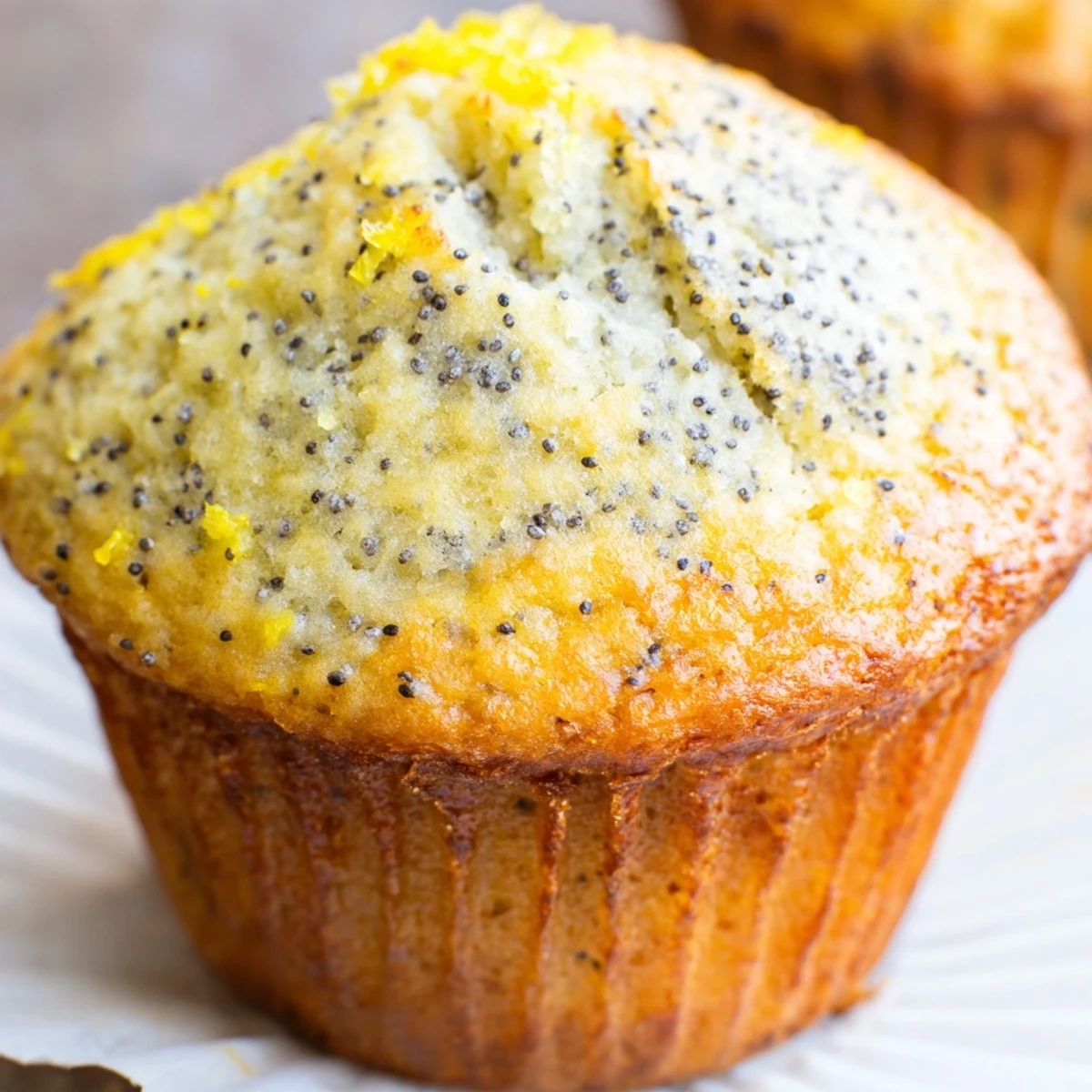 Moist lemon poppy seed muffins speckled with zest on a rustic wire rack