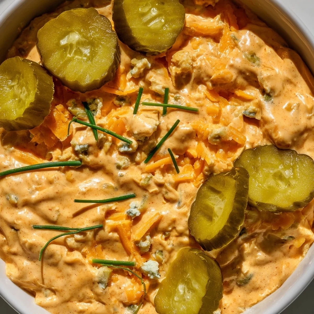Creamy Buffalo pickle dip in a serving bowl surrounded by crunchy chips and fresh veggie sticks