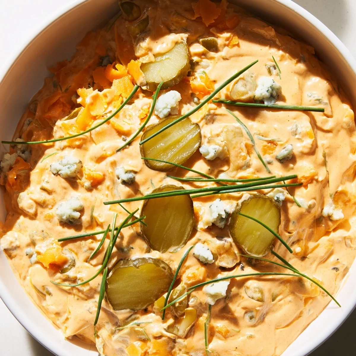 Tangy Buffalo pickle dip topped with cheddar cheese and fresh chives in a rustic bowl