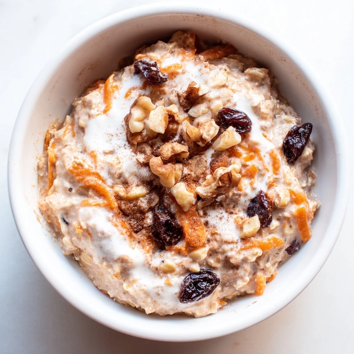 Creamy carrot cake overnight oats in a mason jar topped with crunchy walnuts and cinnamon