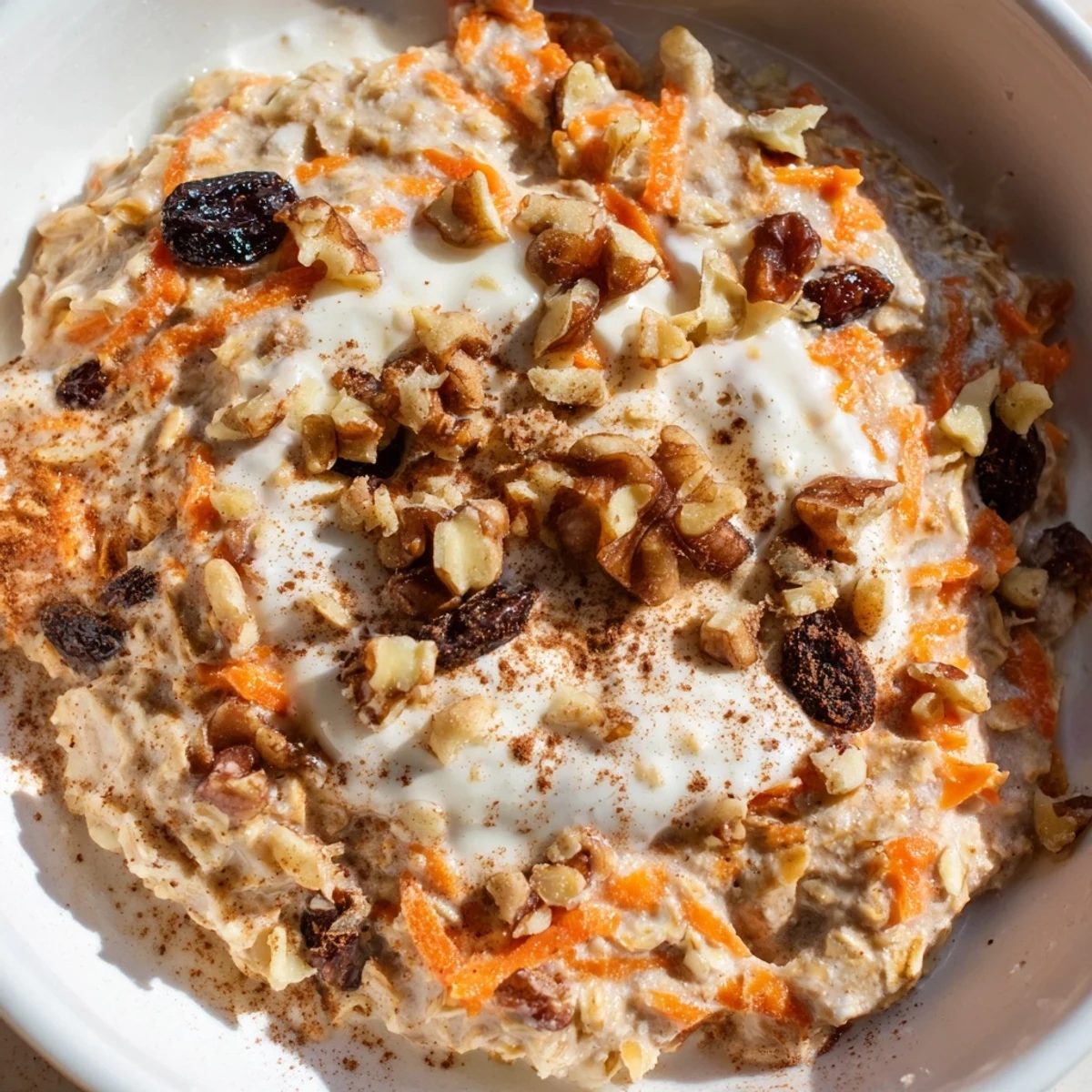 Spoonful of spiced carrot cake overnight oats with visible grated carrots and plump raisins