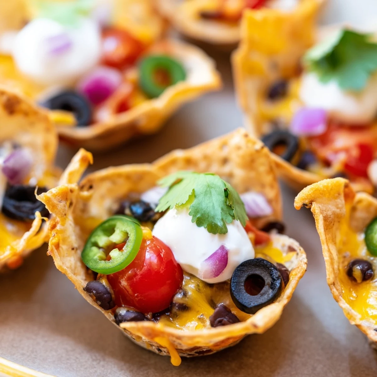 Golden cheesy nacho cups bubbling with melted cheddar and colorful fresh toppings in muffin tin