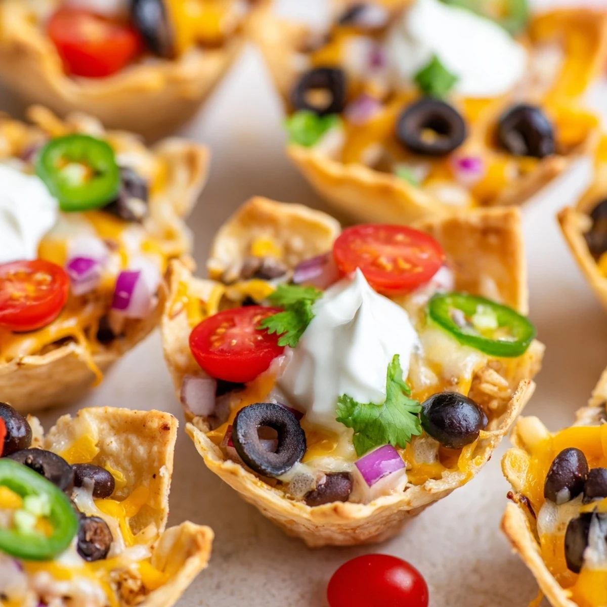 Crispy tortilla cups overflowing with gooey Monterey Jack cheese beans and zesty garnishes ready to serve