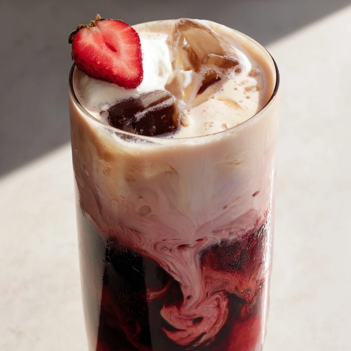 Creamy strawberry cold latte in a tall glass with swirled pink layers and ice
