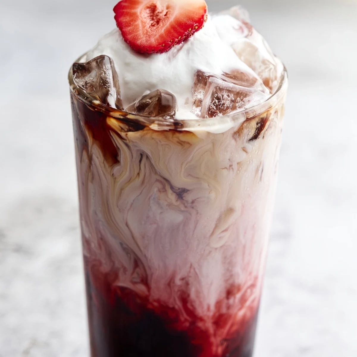 Refreshing strawberry cream cold latte topped with whipped cream and fresh berry garnish