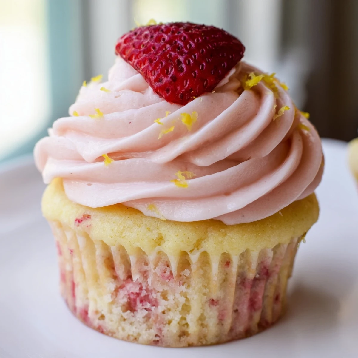 Fresh strawberry lemonade cupcakes with fluffy pink frosting piped high and garnished with lemon zest