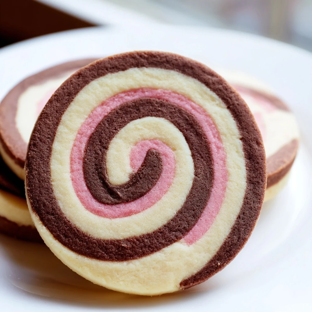 Neapolitan Swirl Cookies with pink, brown, and cream spirals on a rustic wooden serving board