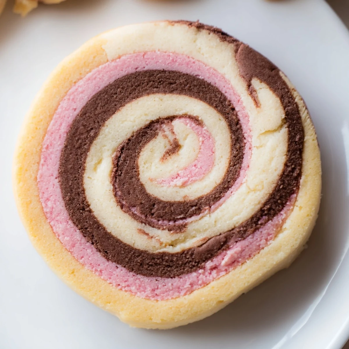 Colorful Neapolitan Swirl Cookies sliced to reveal chocolate, vanilla, and strawberry pinwheel designs