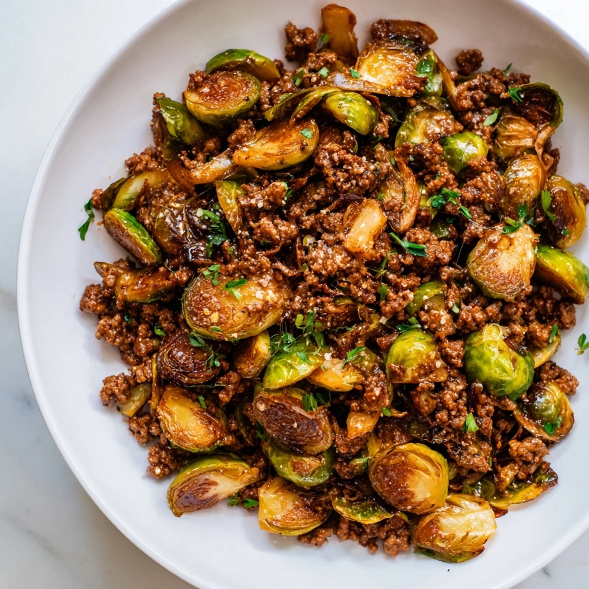 Golden seared Ground Beef Brussels Sprouts skillet with caramelized edges and fresh parsley garnish