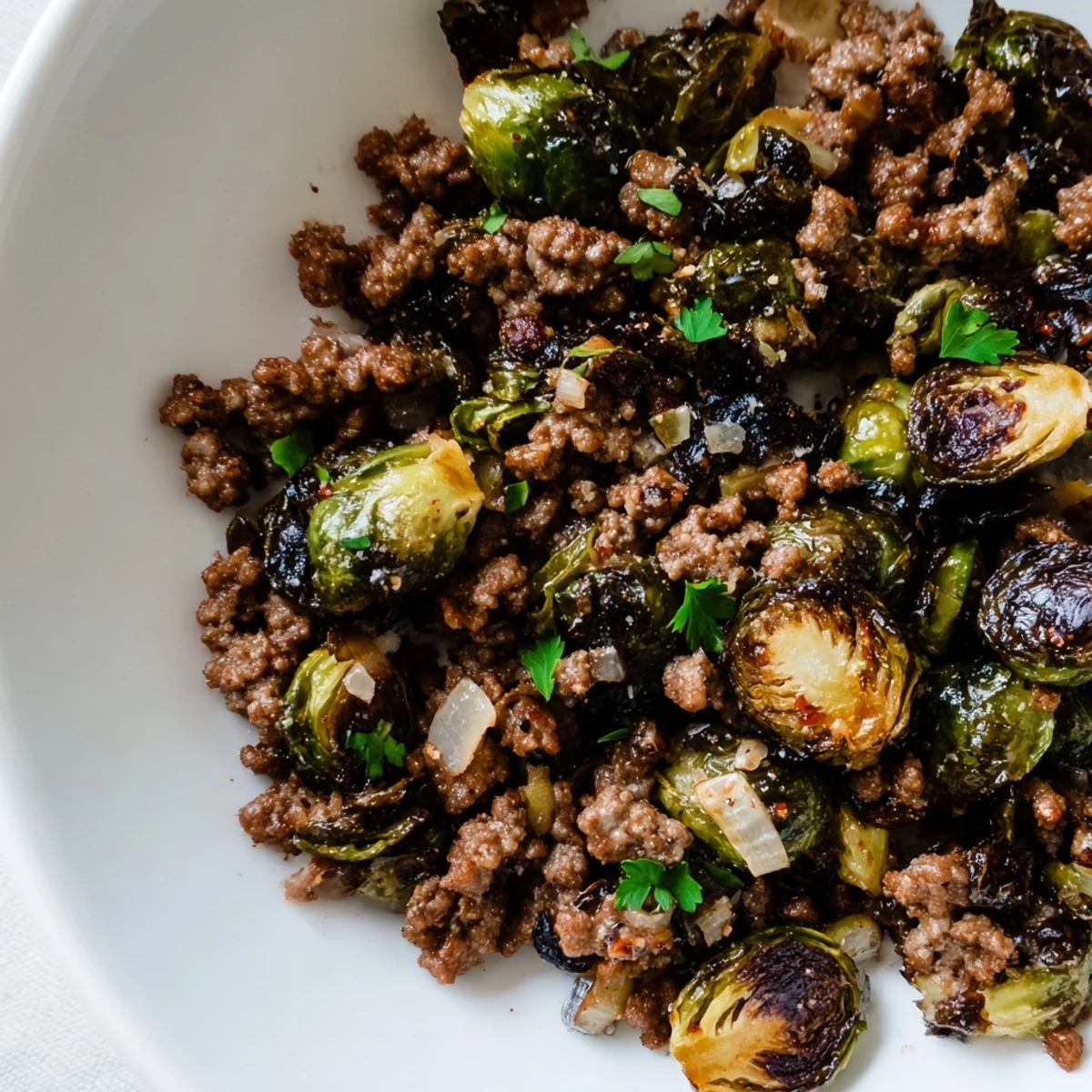 Crispy halved Brussels sprouts nestled with browned Ground Beef in a savory cast iron skillet