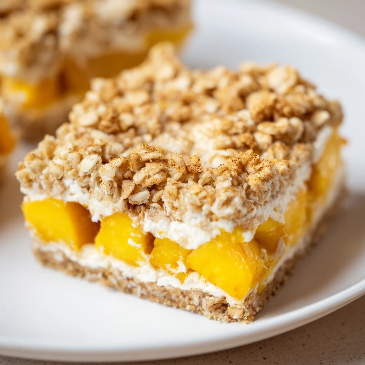 Golden Peaches and Cream Crumble Bars with buttery oat topping and sweet juicy fruit layers