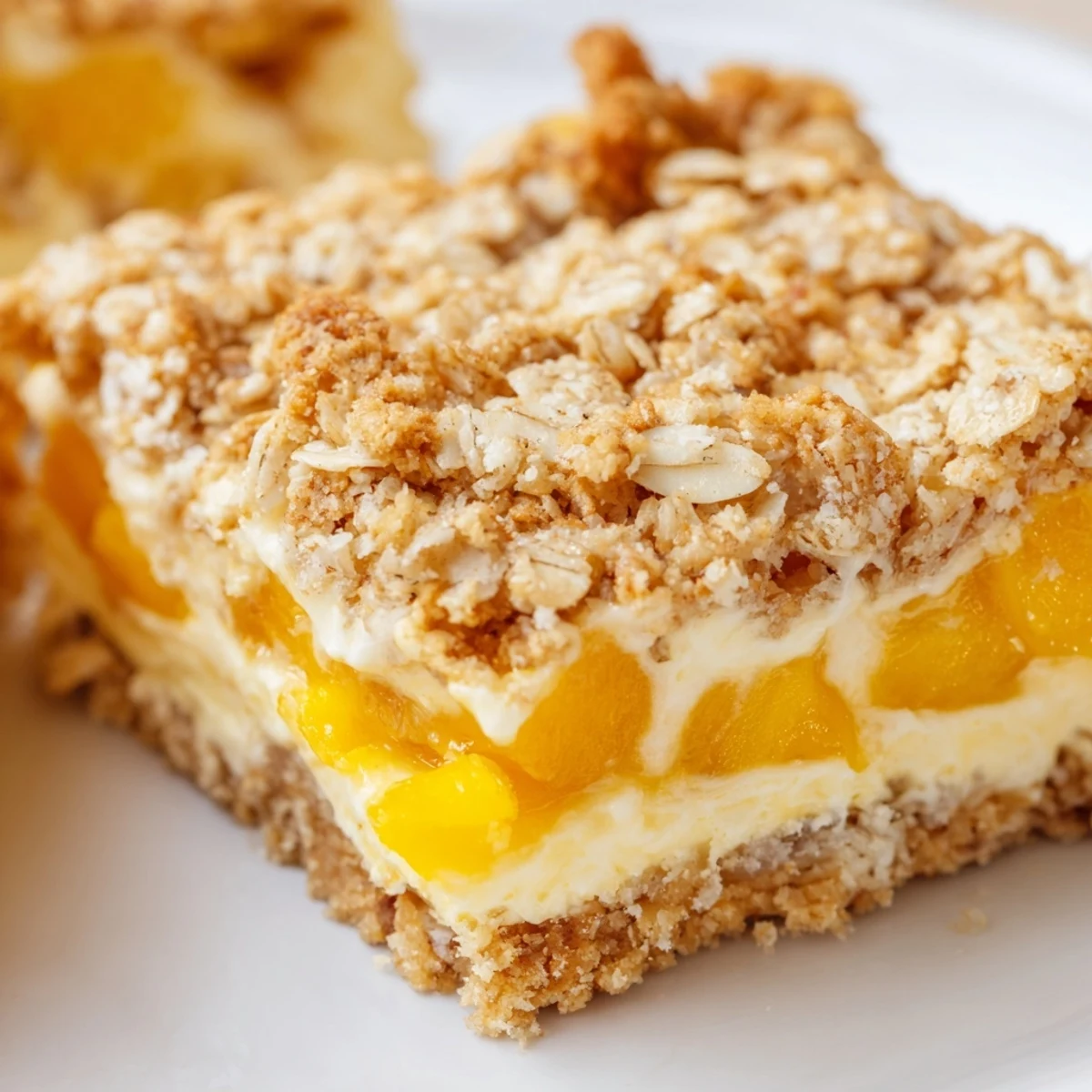 Creamy Peaches and Cream Crumble Bars cut into squares showing luscious cream cheese filling