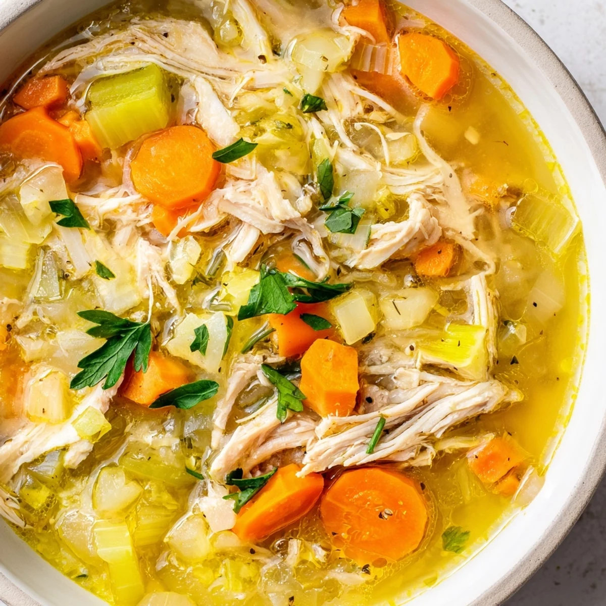 Crockpot lemon chicken soup in a white bowl with fresh parsley and lemon slices