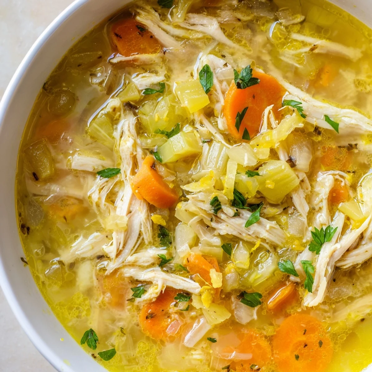 Warm bowl of homemade crockpot lemon chicken soup with carrots and shredded chicken