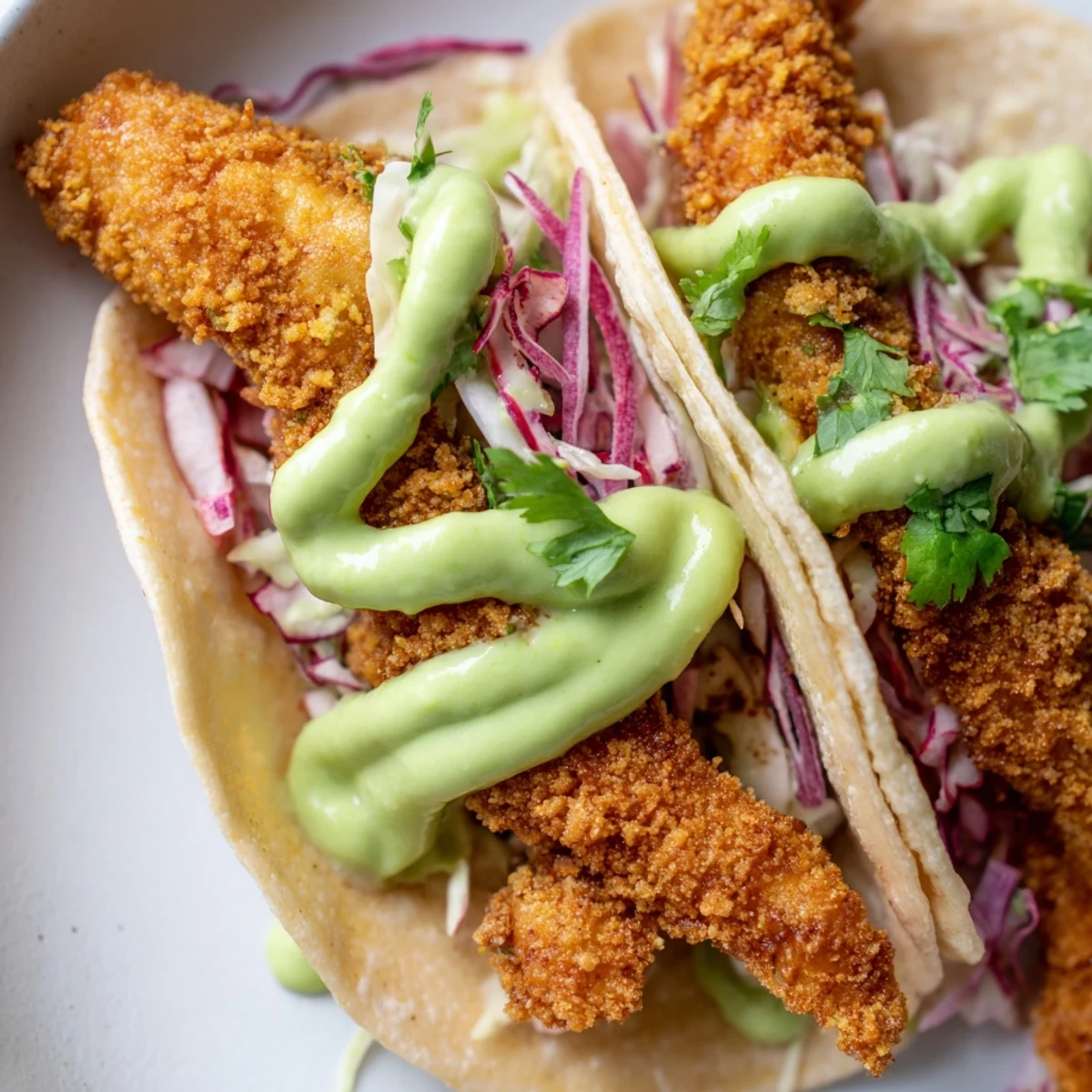 Crispy golden Baja fish tacos topped with fresh cabbage slaw and creamy avocado crema drizzle