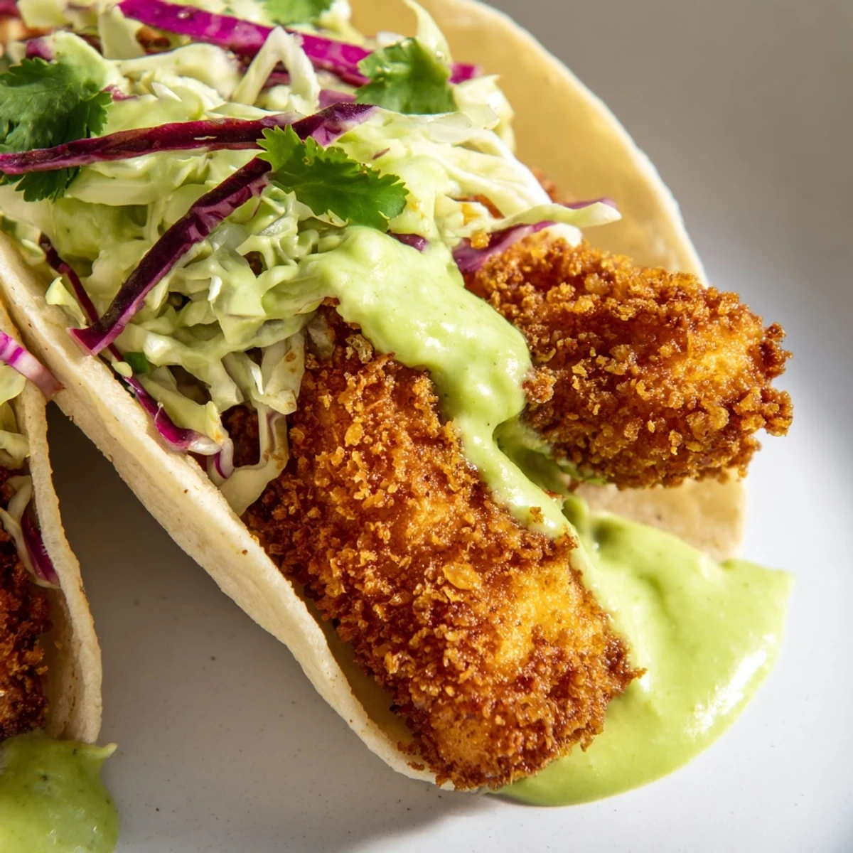 Baja fish tacos with battered fried fish nestled in warm corn tortillas with zesty toppings