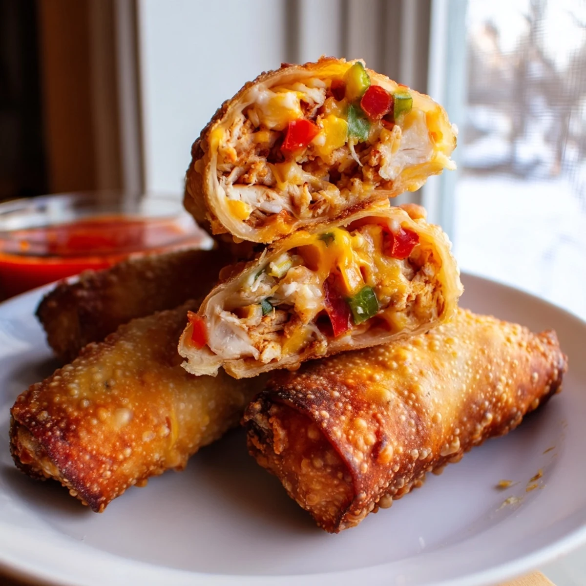 Golden crispy voodoo egg rolls served hot with spicy dipping sauce