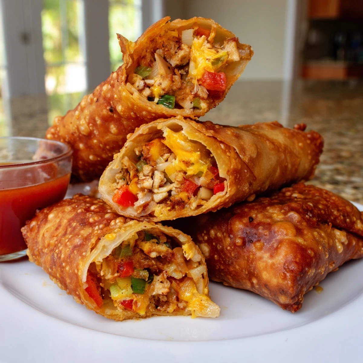 Perfectly fried voodoo egg rolls on a platter with remoulade sauce nearby