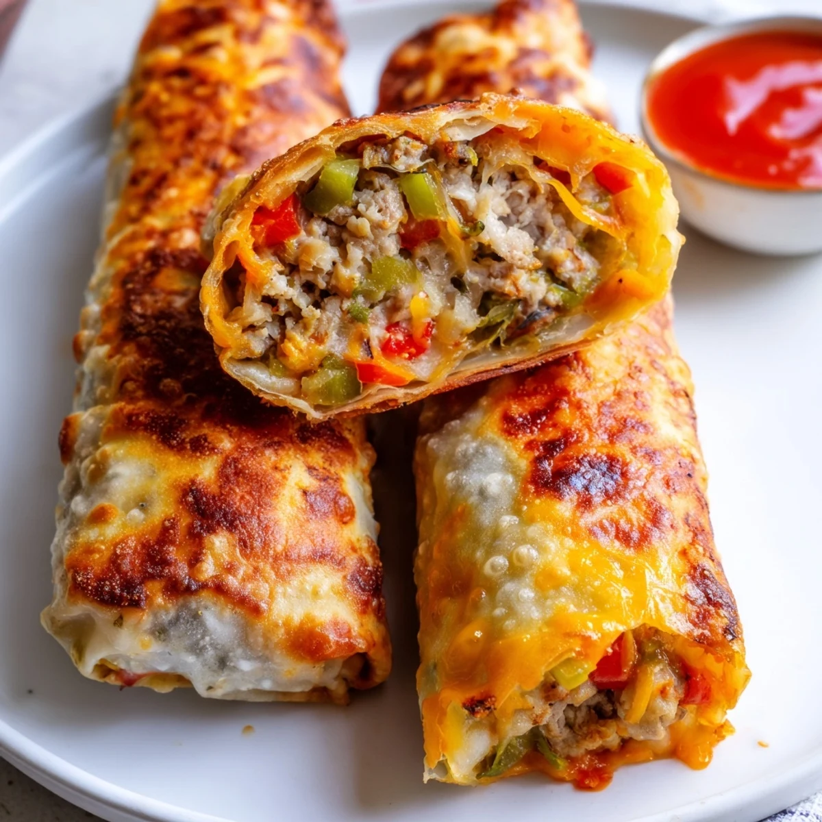 Crunchy voodoo egg rolls stuffed with andouille sausage and melted cheddar