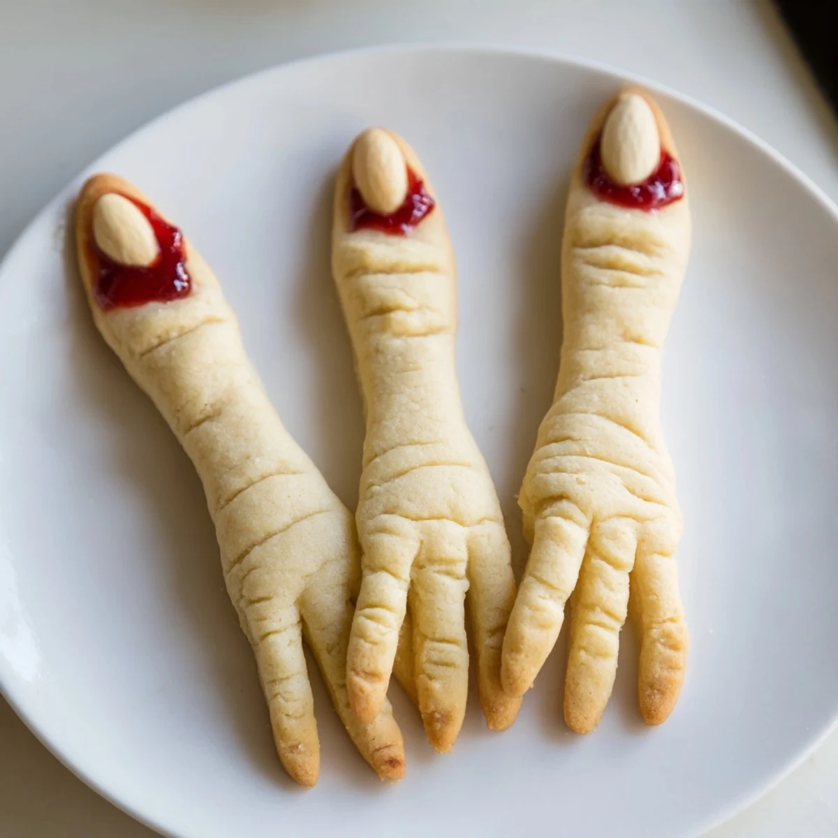 Creepy Witch Finger Cookies with bloody almond nails on a spooky Halloween platter