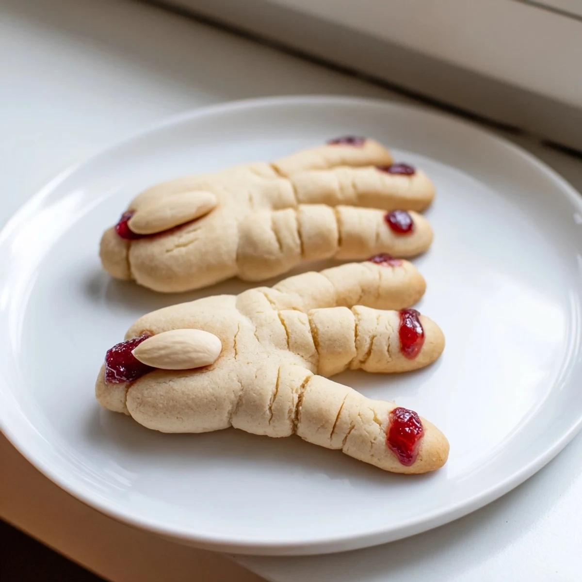 A plate of Creepy Witch Finger Cookies served alongside hot apple cider