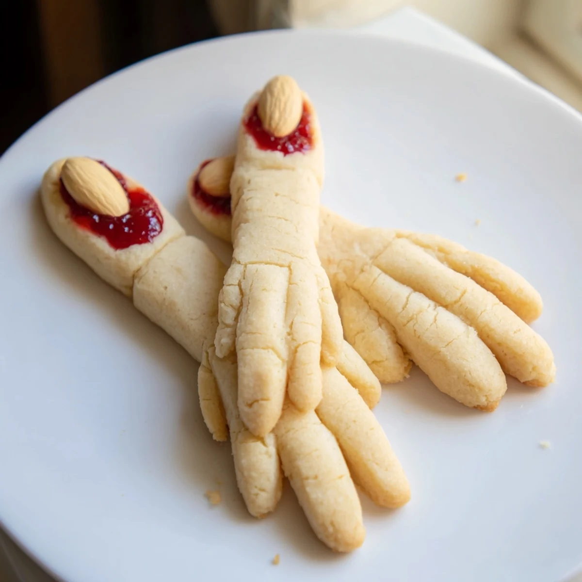 Golden Creepy Witch Finger Cookies arranged on parchment with raspberry jam details