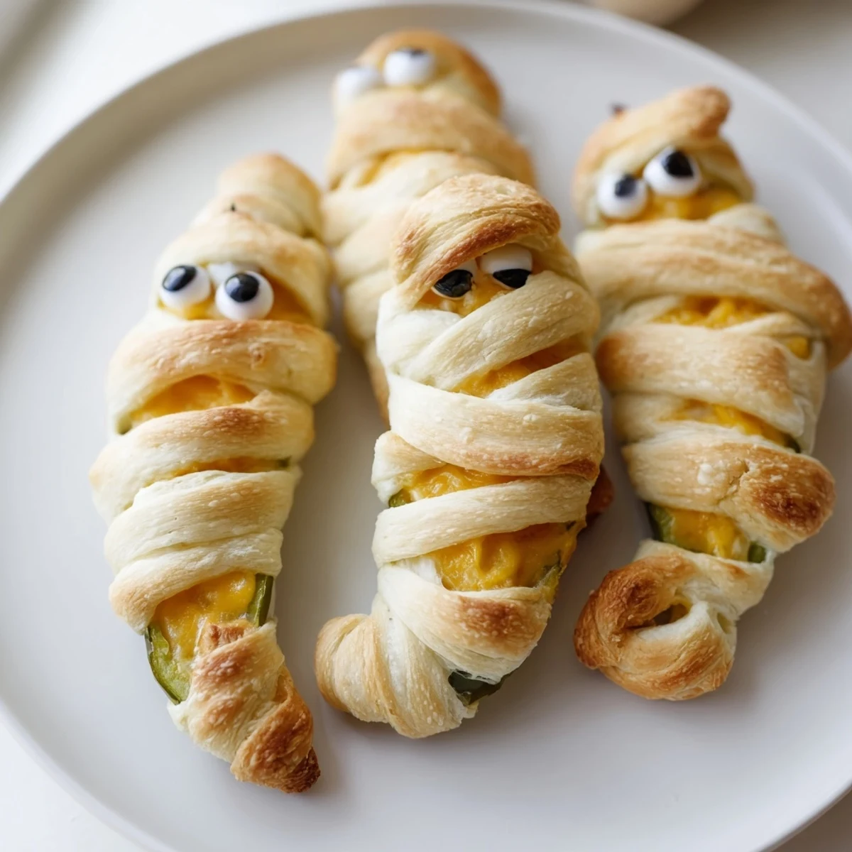Mummy jalapeño poppers with golden crescent dough bandages and candy eyes on a rustic baking sheet