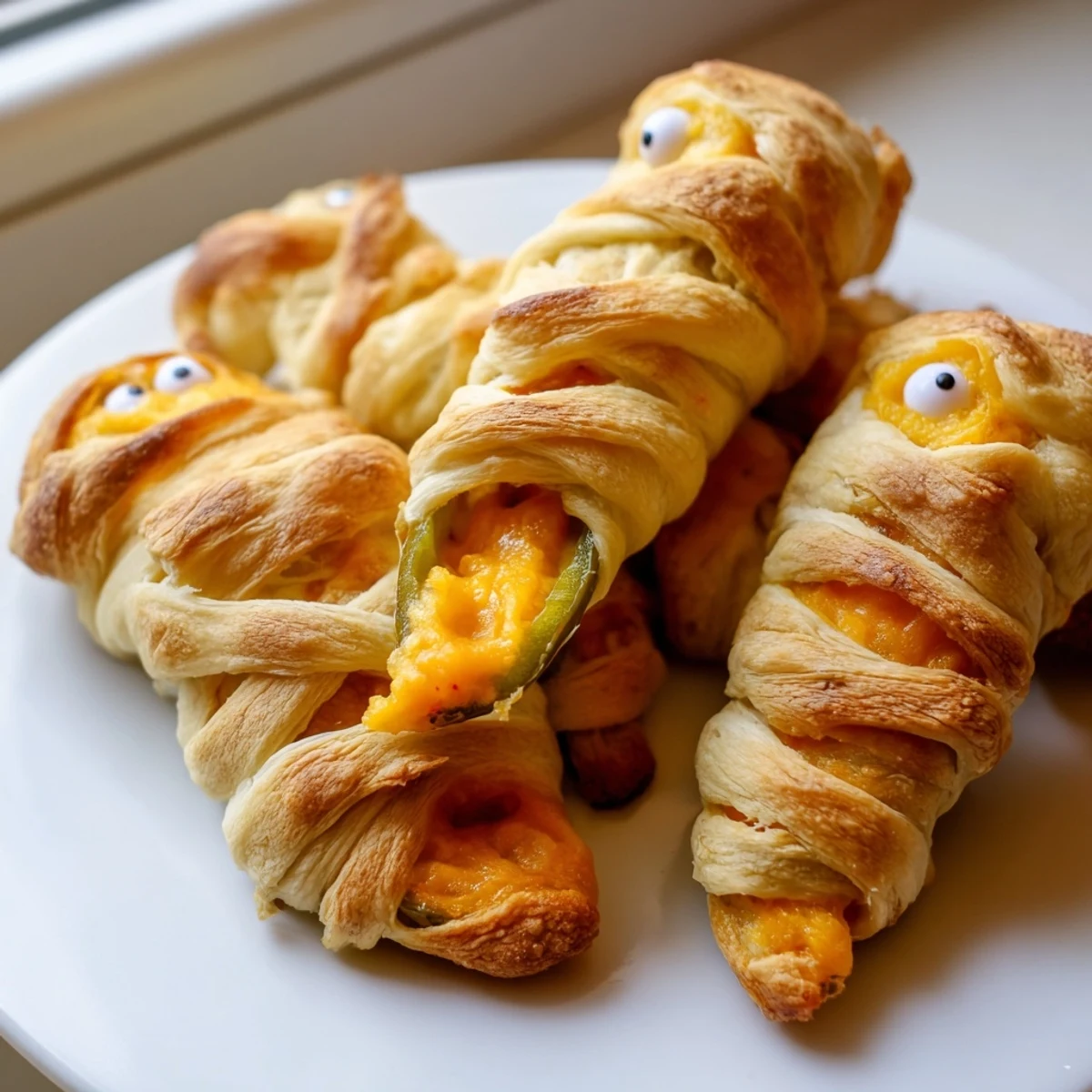 Creepy mummy jalapeño poppers oozing melted cheddar cream cheese filling wrapped in flaky pastry