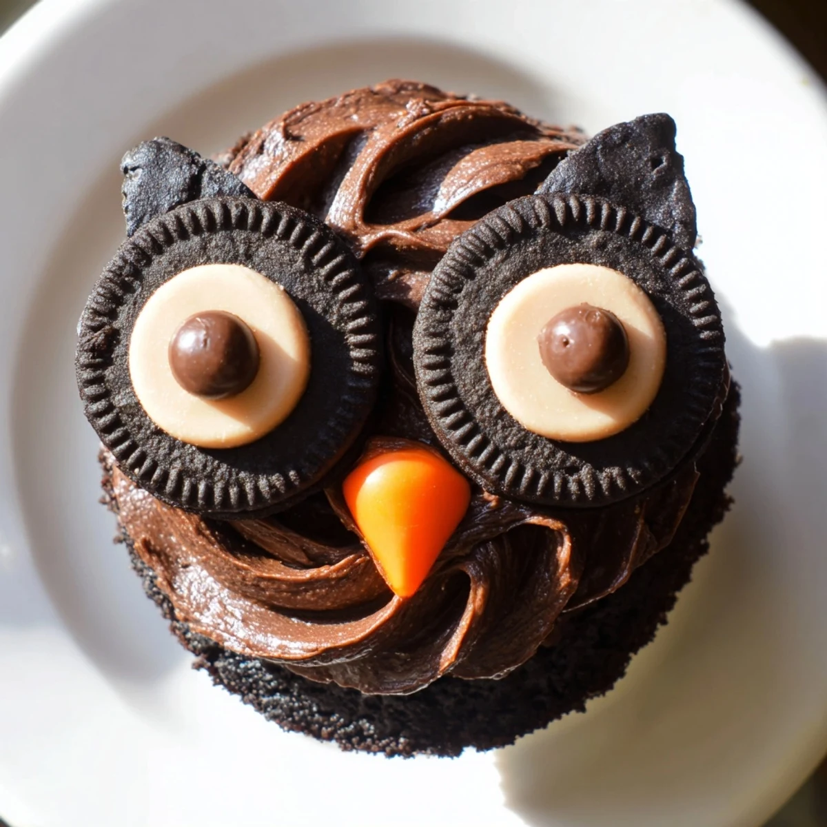 Oreo Owl Cupcakes with chocolate frosting and candy eyes on a rustic serving tray