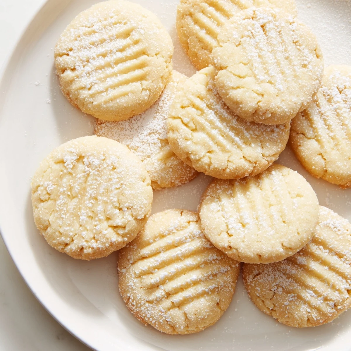 Golden Grandma's Secret Butter Cookies dusted with powdered sugar on a rustic plate