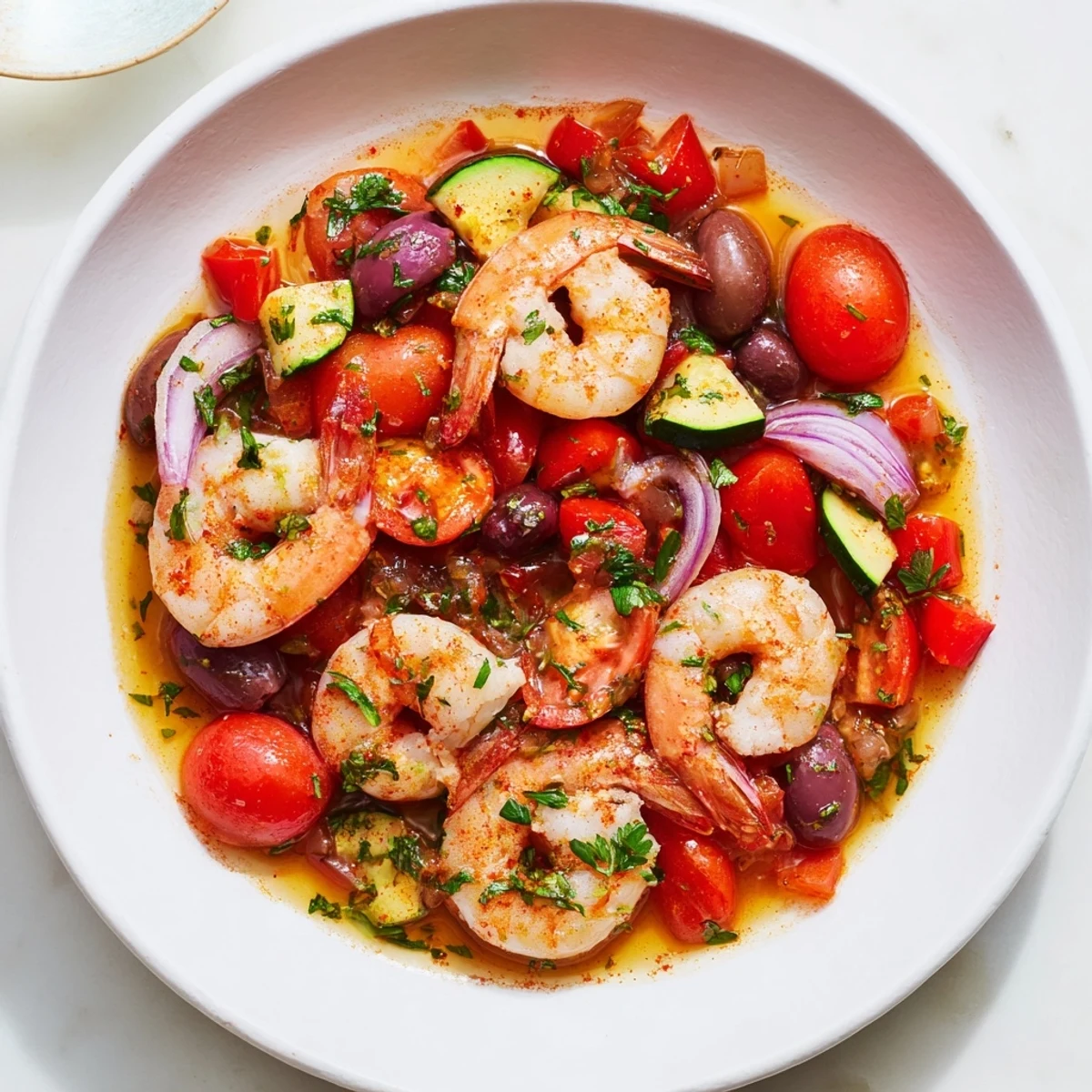 Sizzling Mediterranean shrimp skillet with juicy pink shrimp, cherry tomatoes, and Kalamata olives