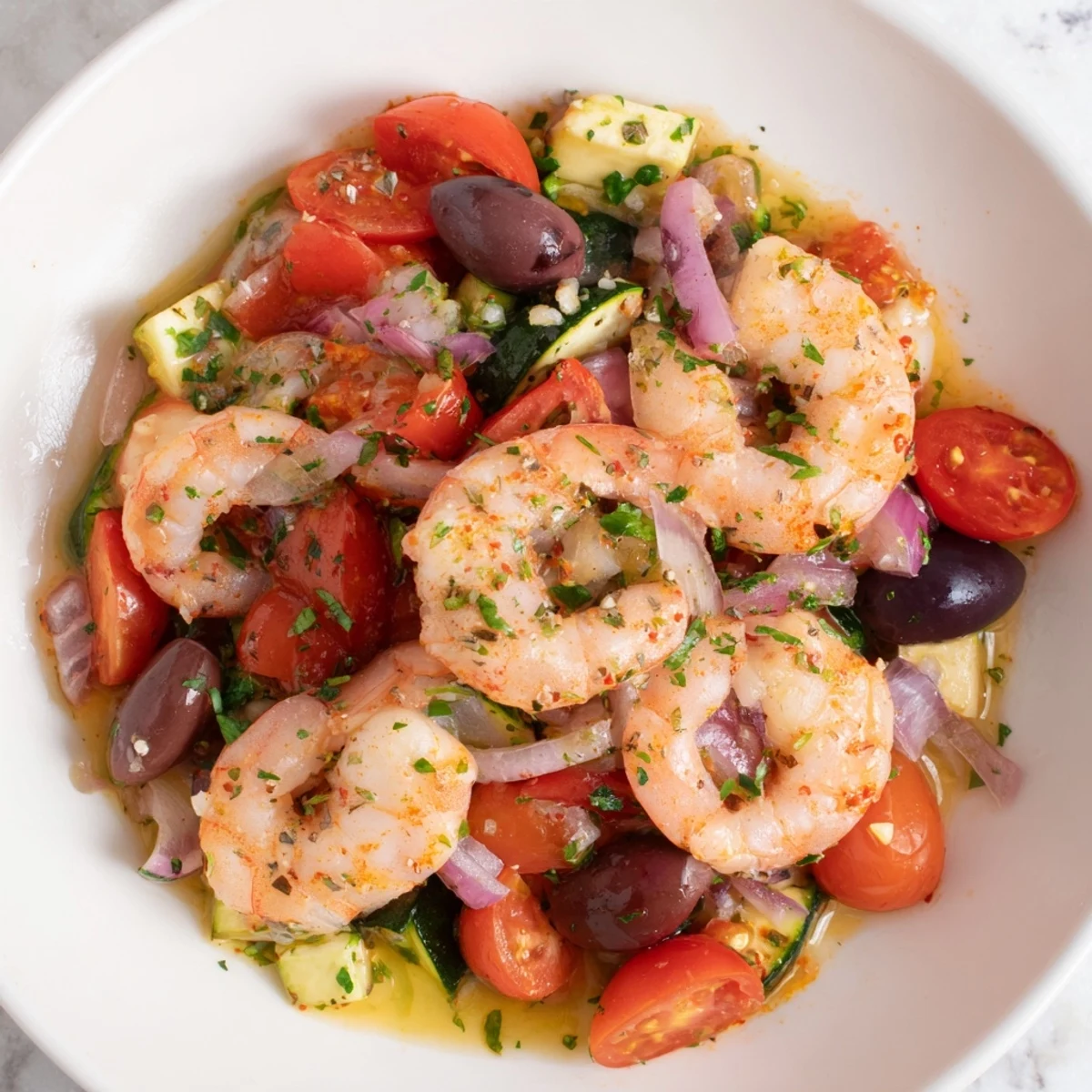 Golden pan of Mediterranean shrimp skillet served hot with fresh lemon wedges and parsley