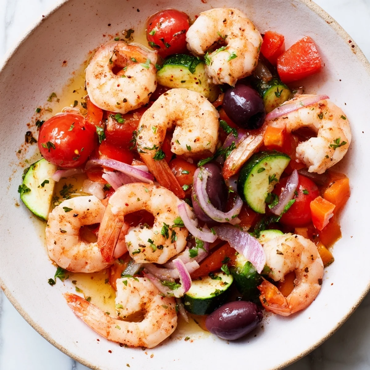 One-pan Mediterranean shrimp skillet featuring tender shrimp nestled among roasted tomatoes and olives