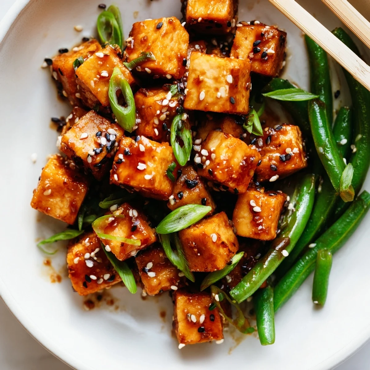 Golden crispy black pepper tofu served with tender green beans over jasmine rice