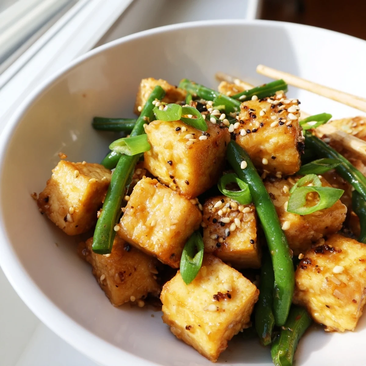 A steaming plate of crispy black pepper tofu and green beans topped with scallions