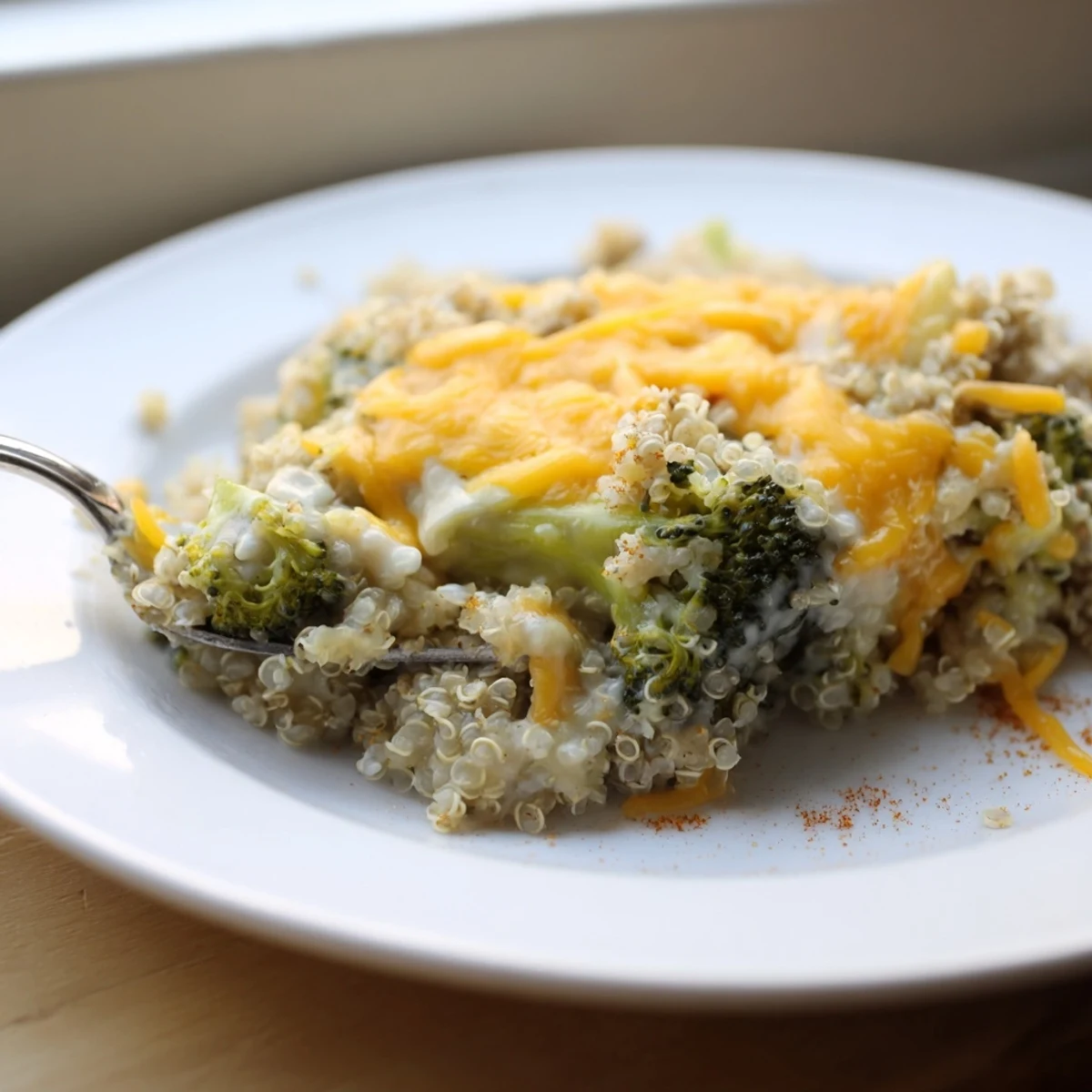 Golden creamy broccoli quinoa casserole bubbling in a baking dish with melted cheddar