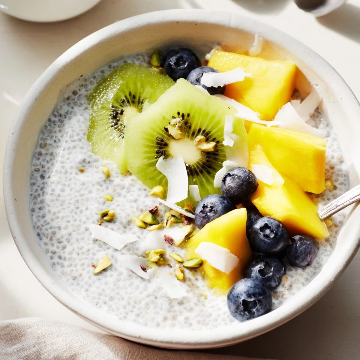 Creamy Coconut Chia Pudding topped with mango and toasted coconut flakes