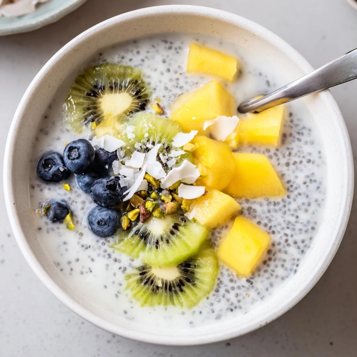 Chilled Coconut Chia Pudding in glass with berries, spoon ready