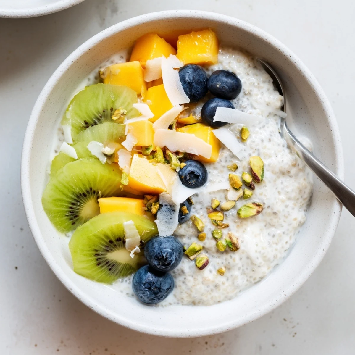 Silky Coconut Chia Pudding layered like parfait, garnished with crunchy nuts