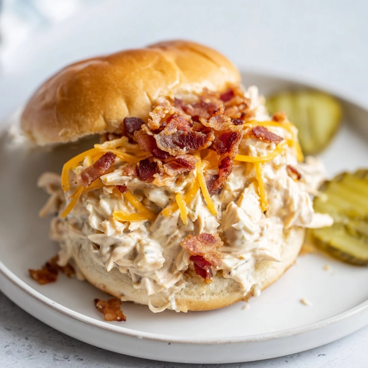 Warm Crack Chicken Sandwiches piled on brioche, creamy, cheesy, bacon-topped