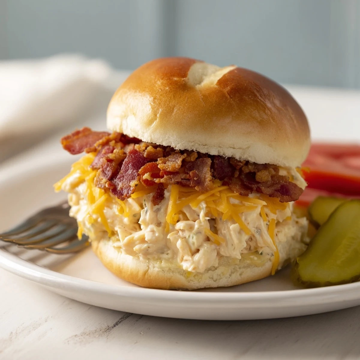 Crowd-pleasing Crack Chicken Sandwiches served warm with pickles and iced tea