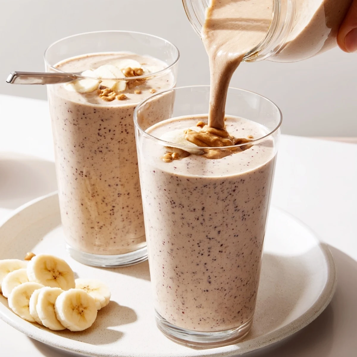 High Protein Smoothie in tall glass, creamy berry banana flavor, breakfast ready  