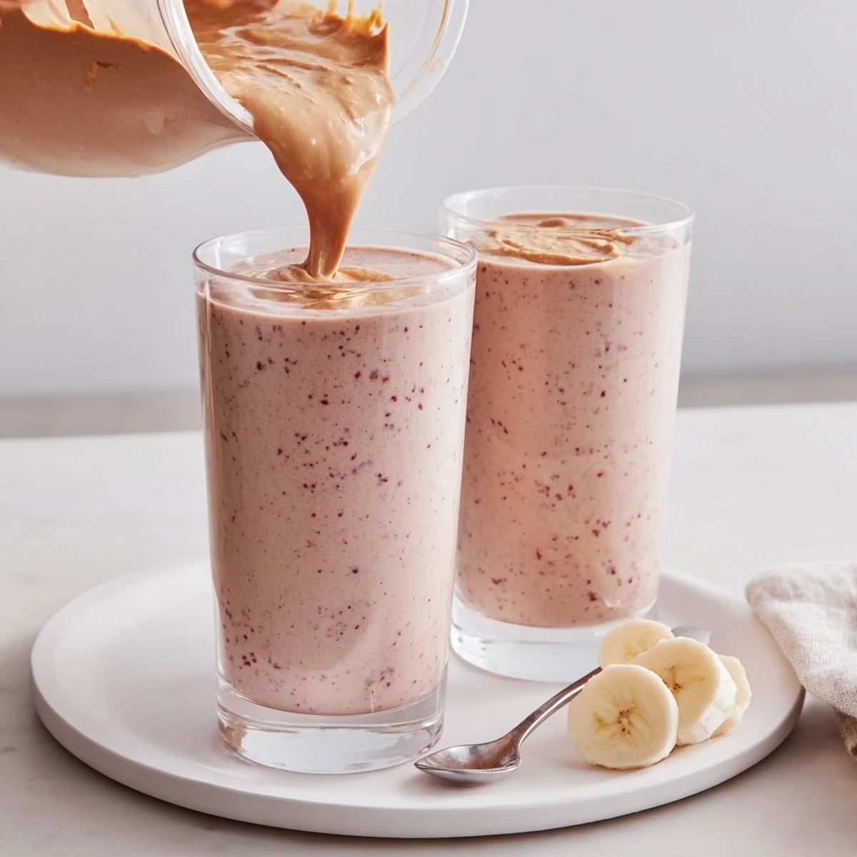 Velvety High Protein Smoothie made with almond milk, peanut butter, and berries