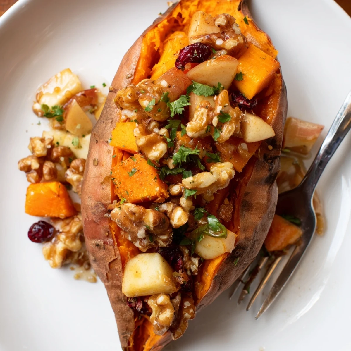 Baked Stuffed Sweet Potatoes With Apples topped with crunchy walnuts and cranberries.