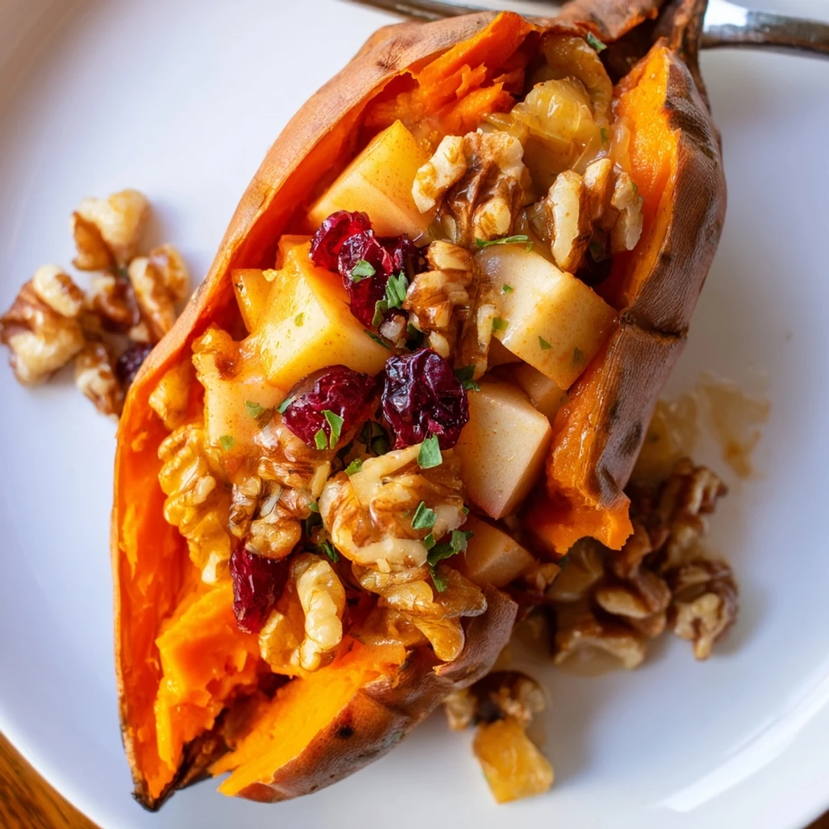 Family style Stuffed Sweet Potatoes With Apples served warm alongside a crisp salad.