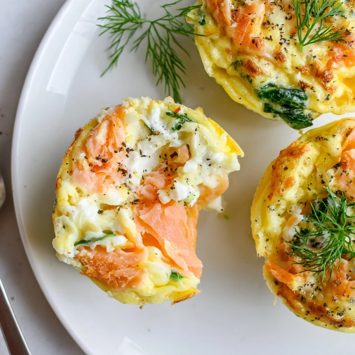 Smoked Salmon Egg Muffins, golden-topped and fluffy, garnished with fresh dill